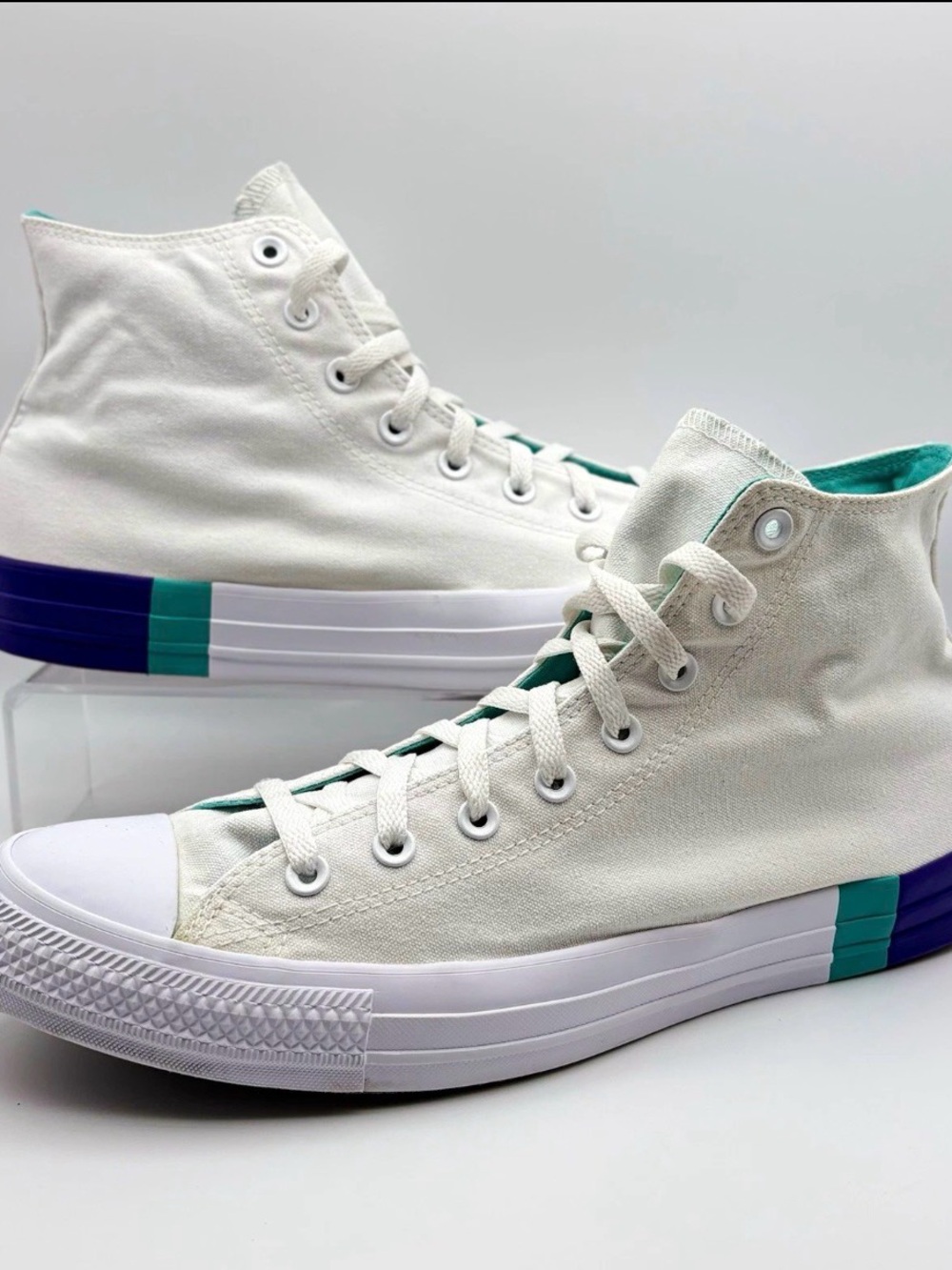 Converse High-Top Canvas Sneakers in Off-White with Teal & Purple Accents